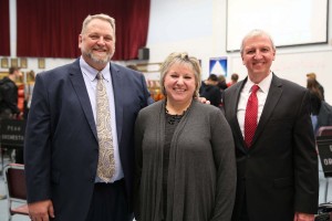 Penn Principal, Steve Hope, and PHM Superintendent, Dr. Jerry Thacker offer congratulations to orchestra teacher, Ms. Anne Tschetter who was awarded the 2017 PHM Teacher of the Year. (Image courtesy of Lucha Ramey, PHM-ESC)
