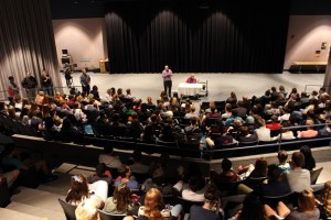 Nazi Holocaust survivor, Eva Kor addresses an audience of Penn HIgh School students in the Penn Studio Theater. 